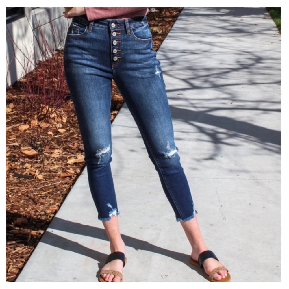 Kancan High Rise Button Fly Distressed Skinny Jeans Dark Wash Size 3/25 KC8423D